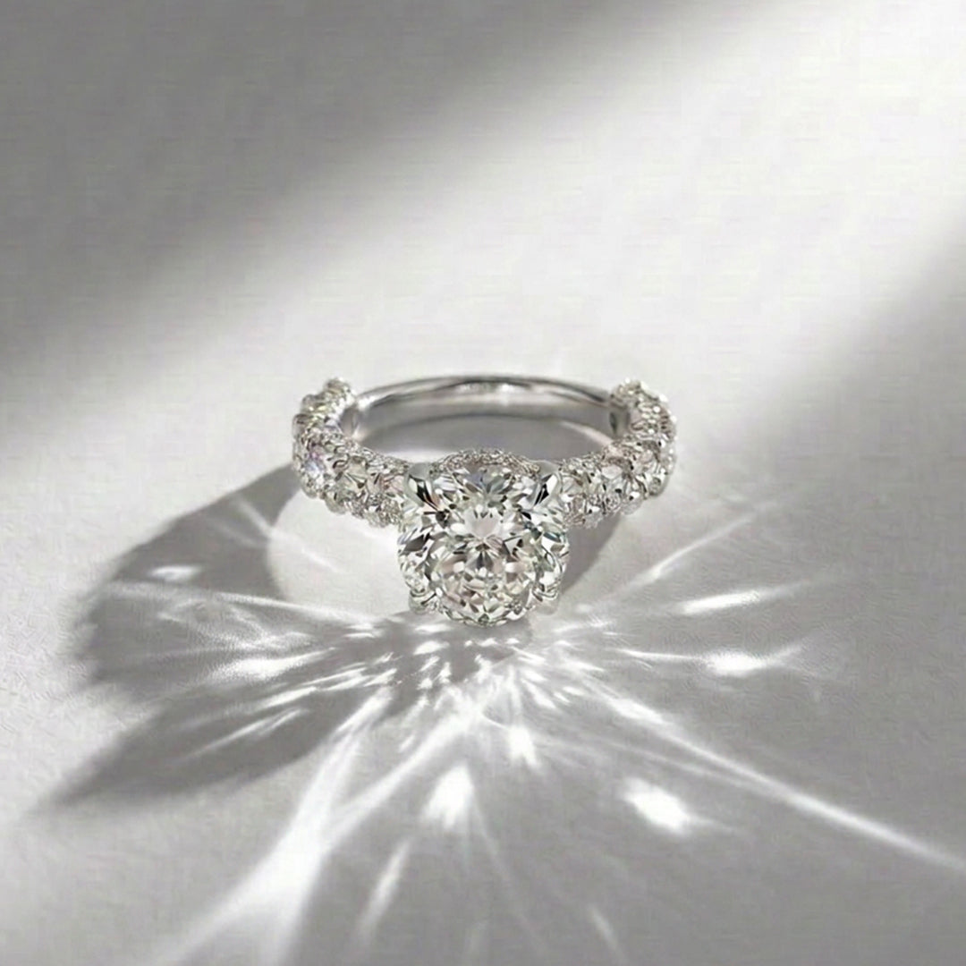 5.08ct Portuguese cut lab grown diamond engagement ring with U-shank pave and hidden halo