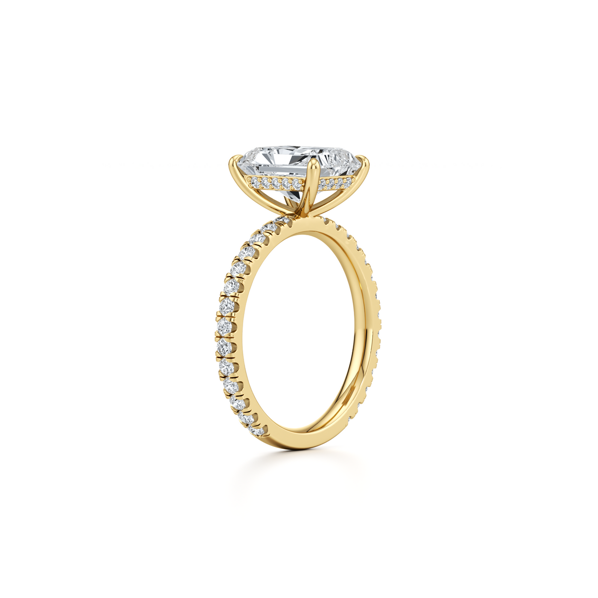 3.25 carat radiant lab grown diamond pavé engagement ring in 14K yellow gold