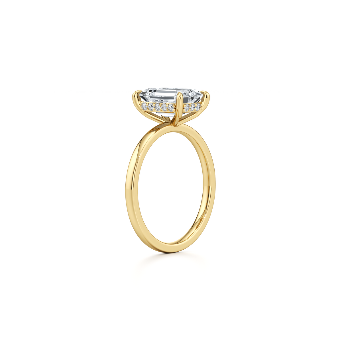 3.01 carat emerald lab grown diamond solitaire with plain band in 14K yellow gold