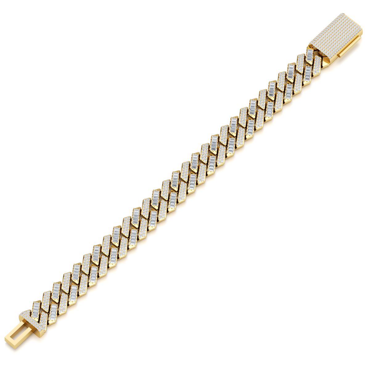 Iced out Miami Cuban link bracelet with round and baguette lab grown diamonds in 10K yellow gold