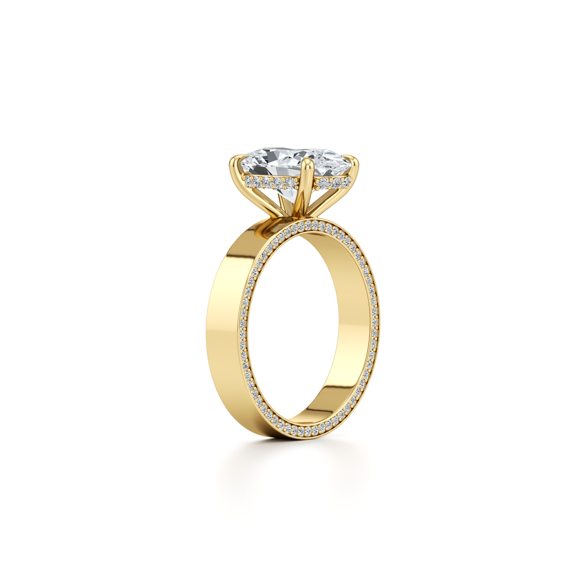 3.02 carat oval halo engagement ring with wide lab grown diamond band in 14K yellow gold
