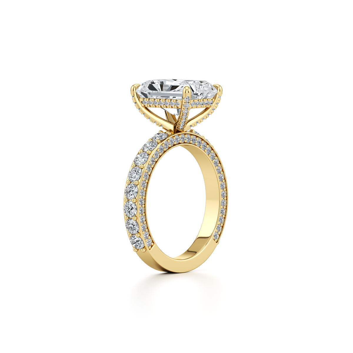 4.03 carat radiant lab grown diamond ring with diamond prongs and pavé in 14K yellow gold