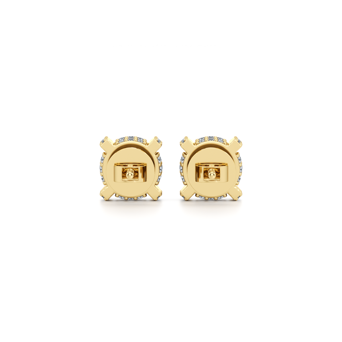 Hidden halo lab grown diamond stud earrings with four prong basket in 14K yellow gold