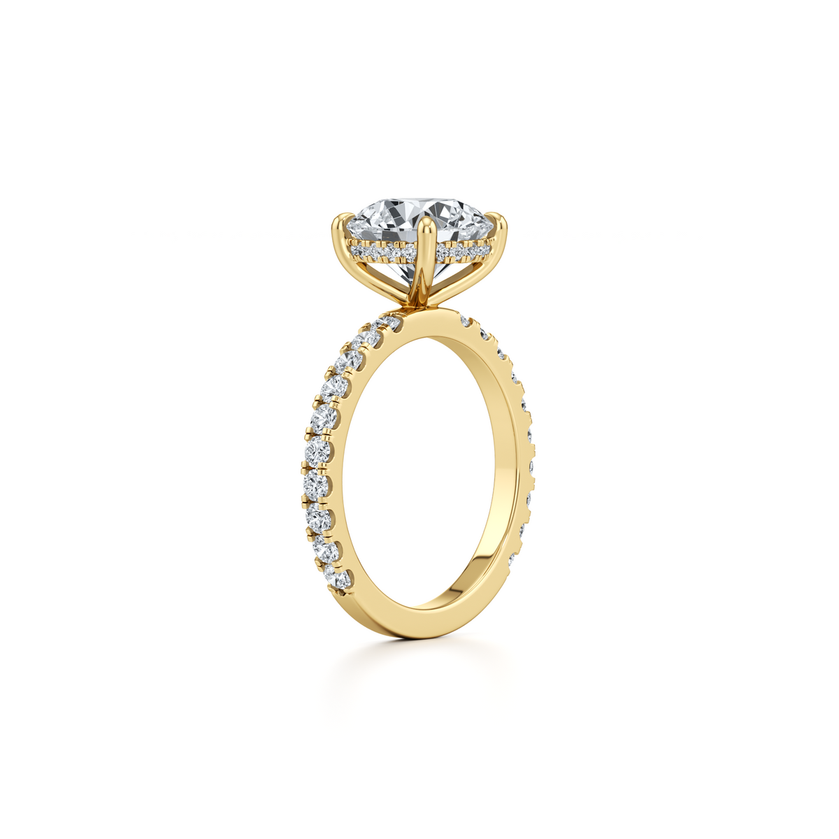 Round lab grown diamond engagement ring with hidden halo in 14K yellow gold, 3.90 carat total