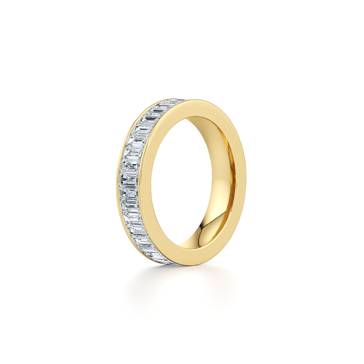 4.5mm emerald cut lab grown diamond channel set wedding band in 14K yellow gold