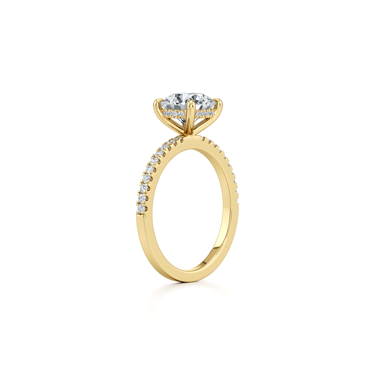 1.54 carat round lab grown diamond pavé engagement ring in 14K yellow gold