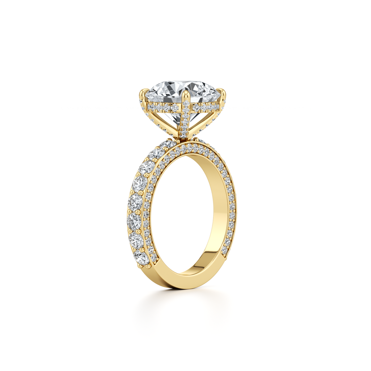 5.06 carat round brilliant lab grown diamond ring with diamond prongs and pavé in 14K yellow gold