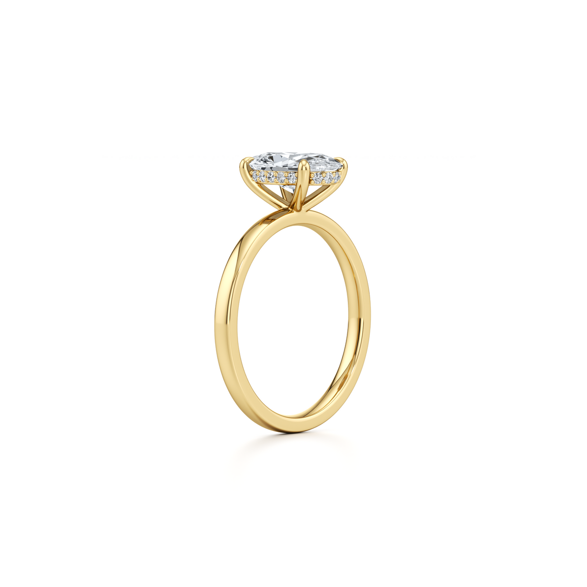 2.02 carat oval cut lab grown diamond solitaire with plain band in 14K yellow gold