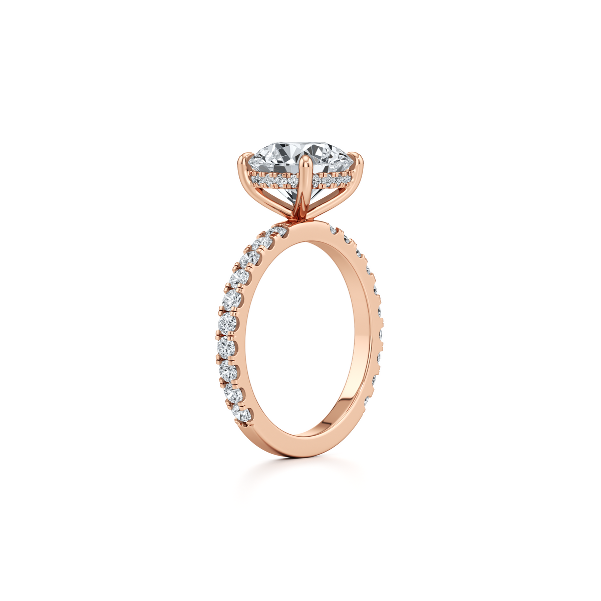 Round lab grown diamond engagement ring with hidden halo in 14K rose gold, 3.90 carat total