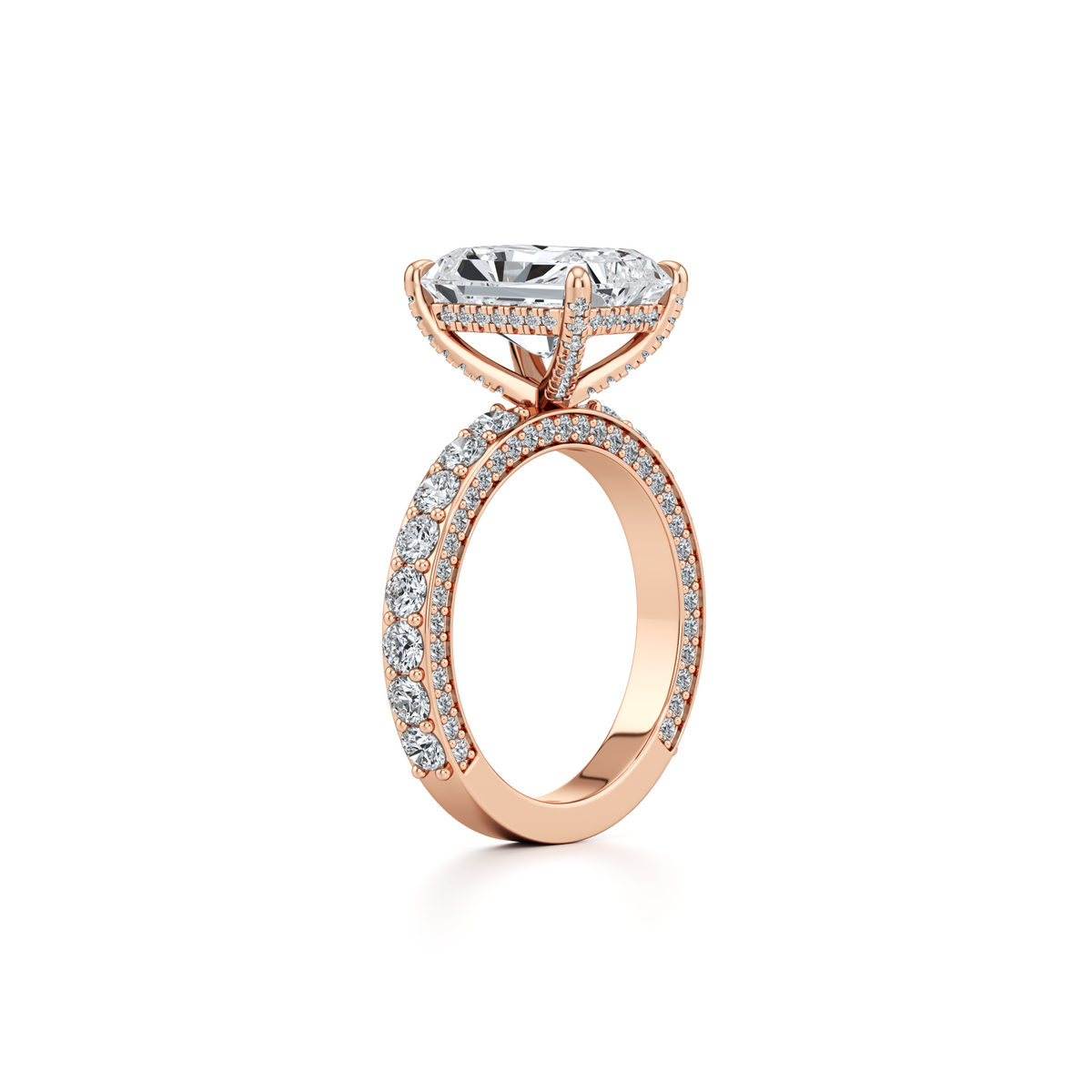4.03 carat radiant lab grown diamond ring with diamond prongs and pavé in 14K rose gold