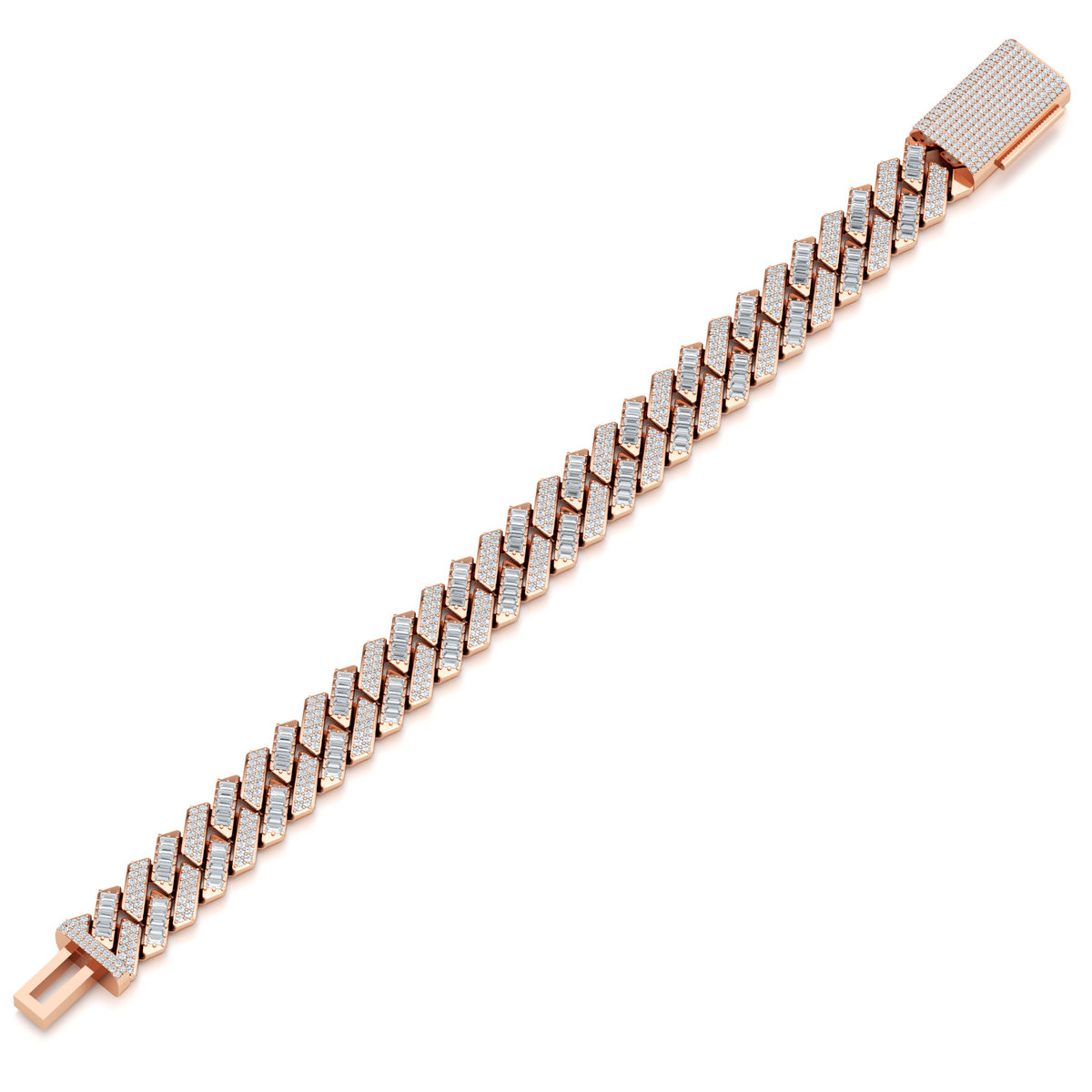 Iced out Miami Cuban link bracelet with round and baguette lab grown diamonds in 10K rose gold