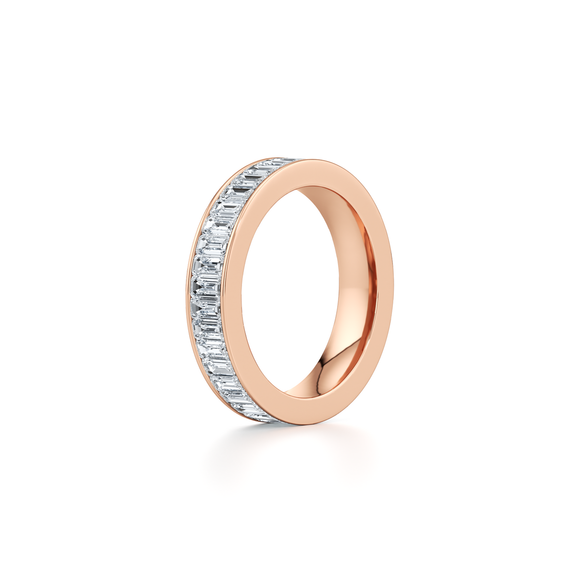 4.5mm emerald cut lab grown diamond channel set wedding band in 14K rose gold
