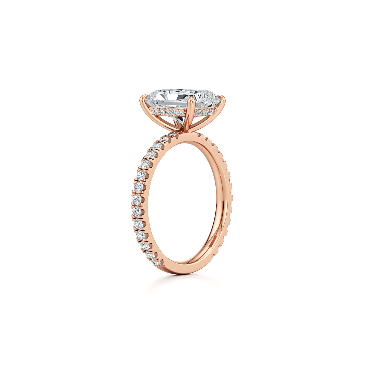 3.25 carat radiant lab grown diamond pavé engagement ring in 14K rose gold