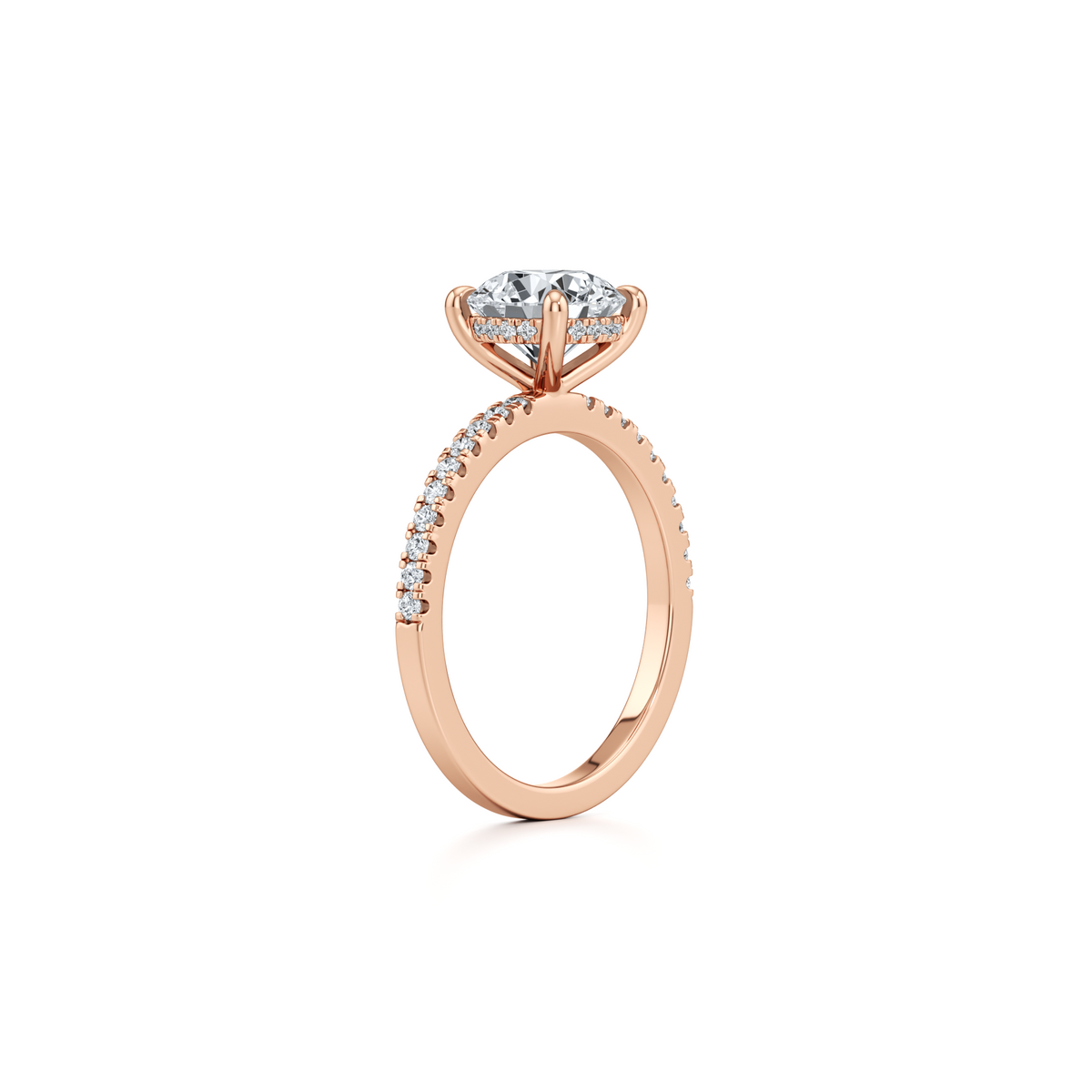 1.54 carat round lab grown diamond pavé engagement ring in 14K rose gold