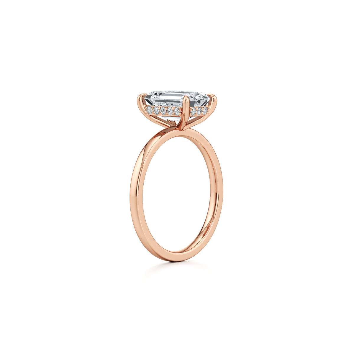 3.01 carat emerald lab grown diamond solitaire with plain band in 14K rose gold