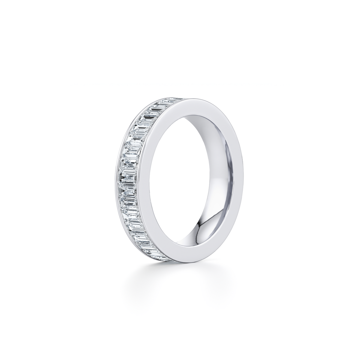 4.5mm emerald cut lab grown diamond channel set wedding band in 14K white gold
