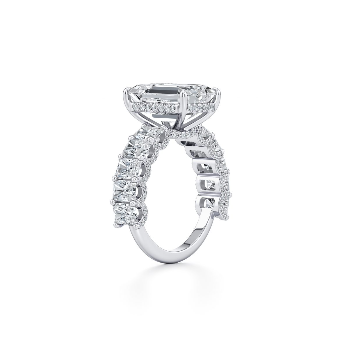6.31 carat emerald lab grown diamond ring with emerald and round accent diamonds in 14K white gold