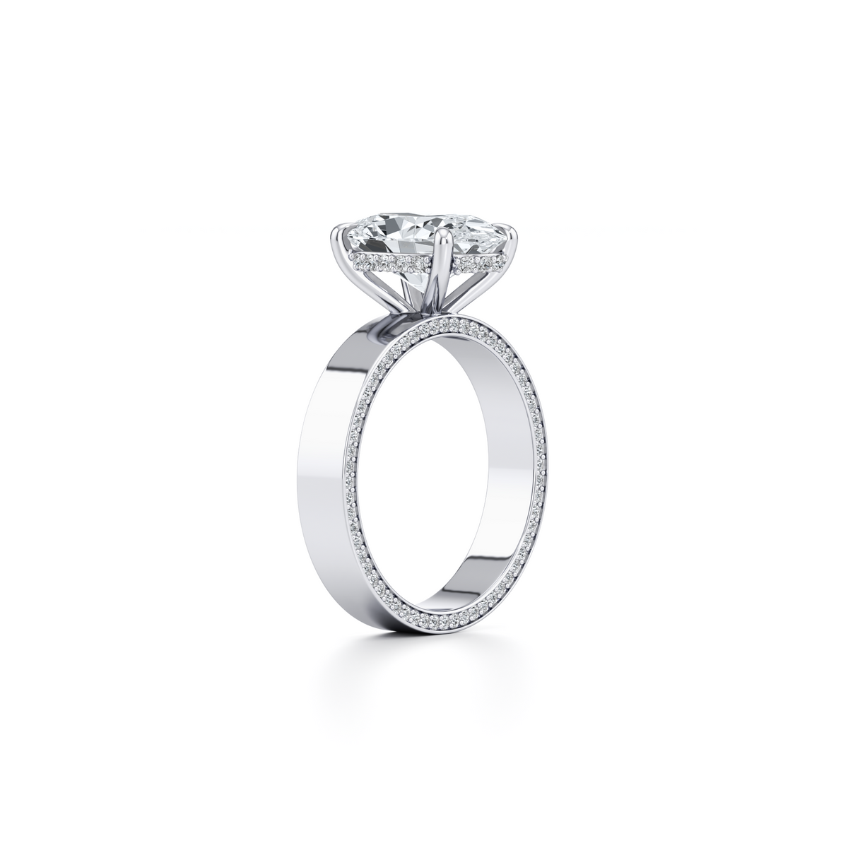 3.02 carat oval halo engagement ring with wide lab grown diamond band in 14K white gold