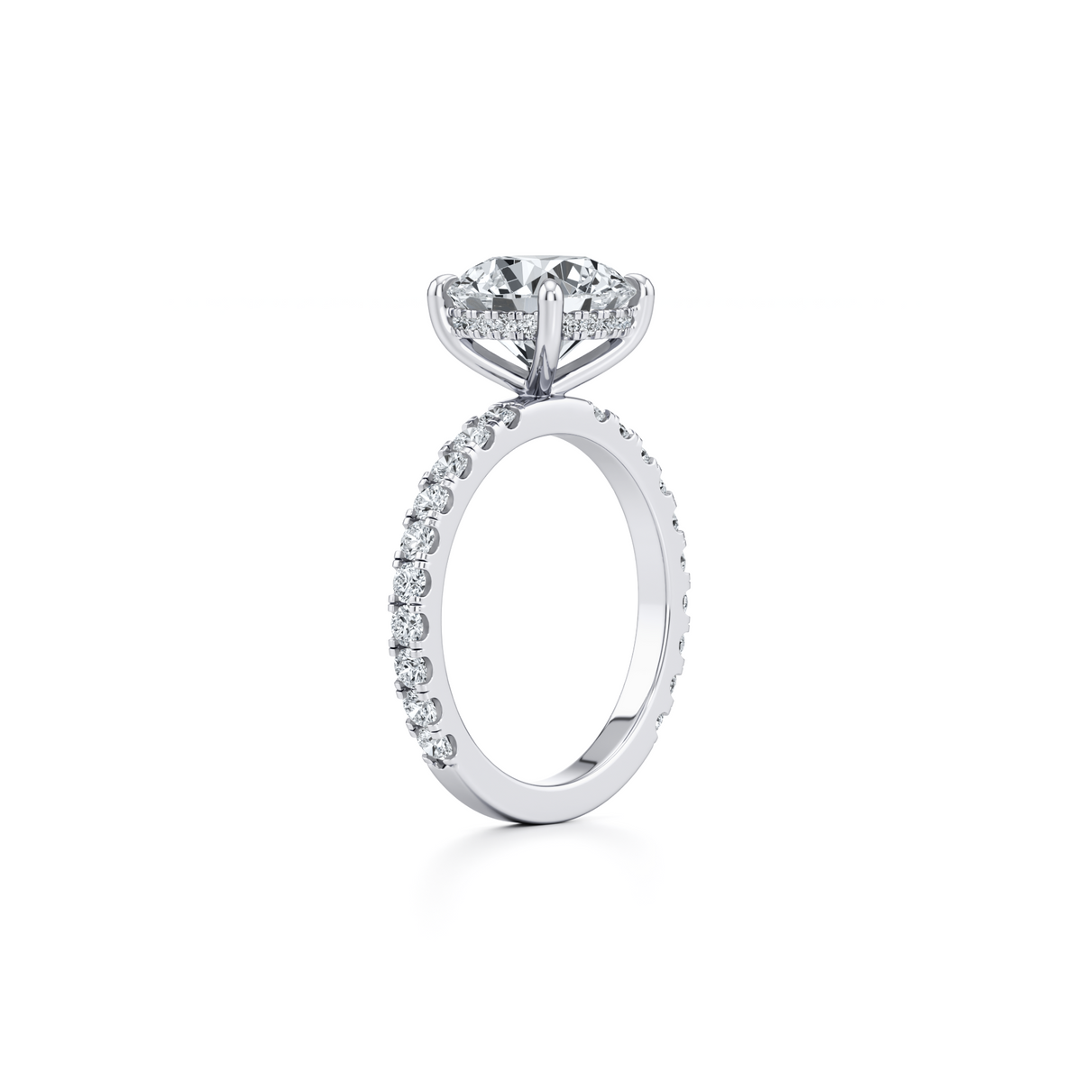 Round lab grown diamond engagement ring with hidden halo in 14K white gold, 3.90 carat total
