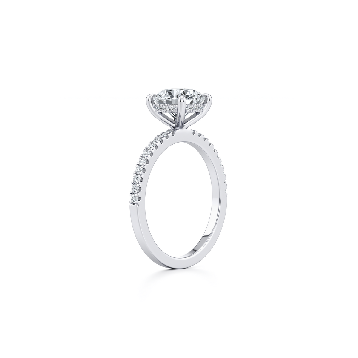 1.54 carat round lab grown diamond pavé engagement ring in 14K white gold