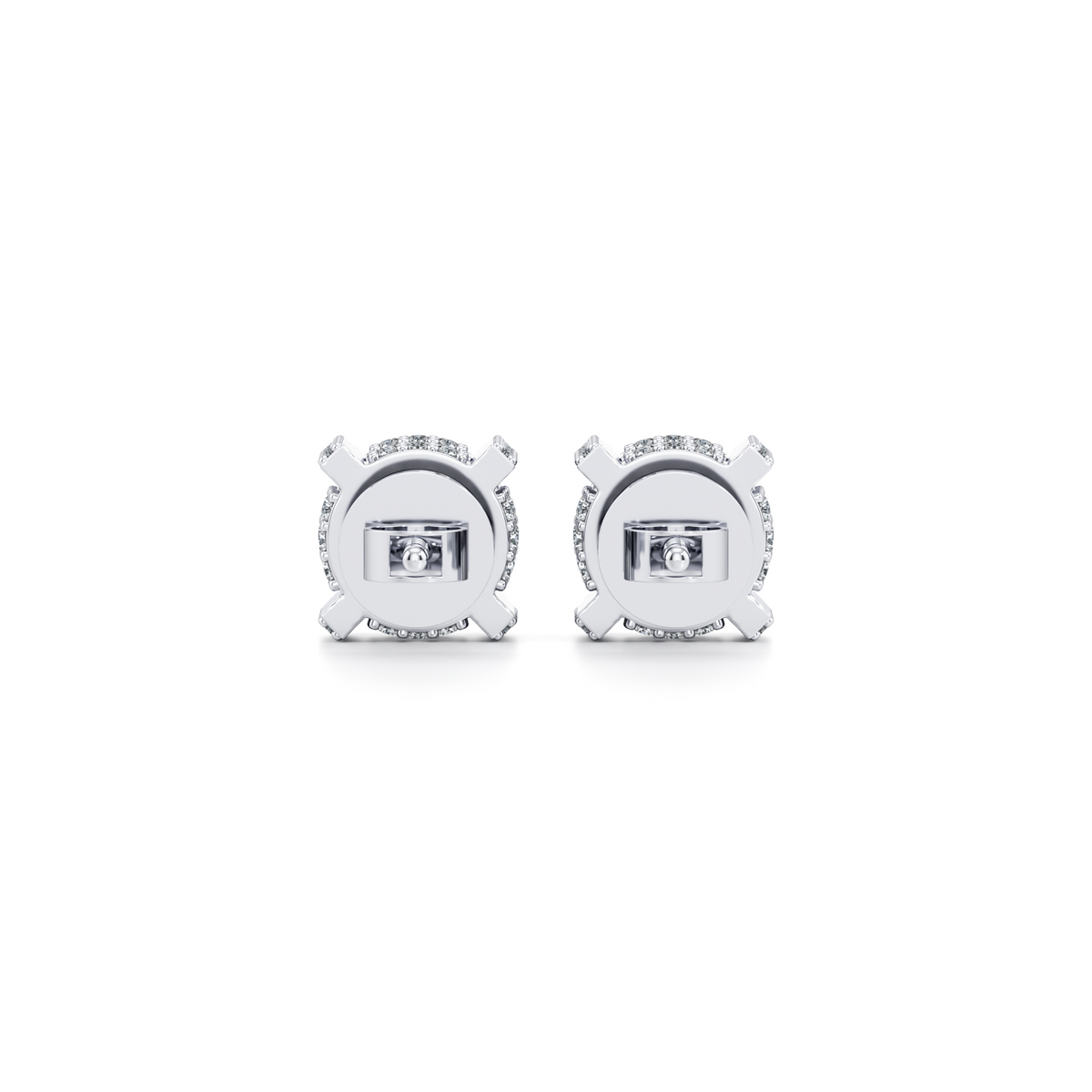 Hidden halo lab grown diamond stud earrings with four prong basket in 14K white gold