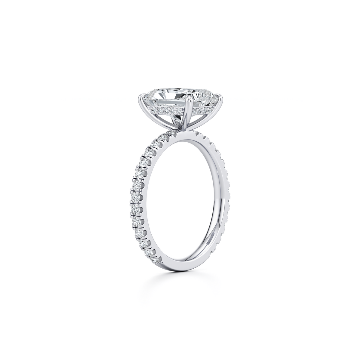 3.25 carat radiant lab grown diamond pavé engagement ring in 14K white gold