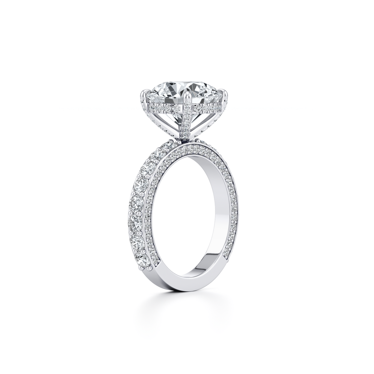 5.06 carat round brilliant lab grown diamond ring with diamond prongs and pavé in 14K white gold