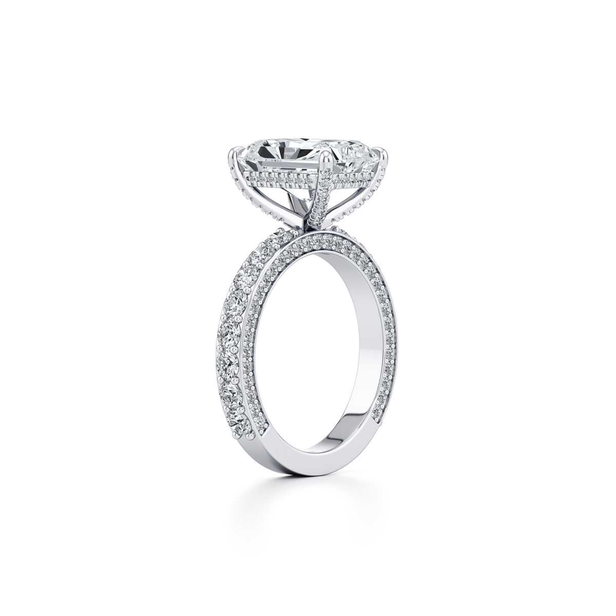 4.03 carat radiant lab grown diamond ring with diamond prongs and pavé in 14K white gold