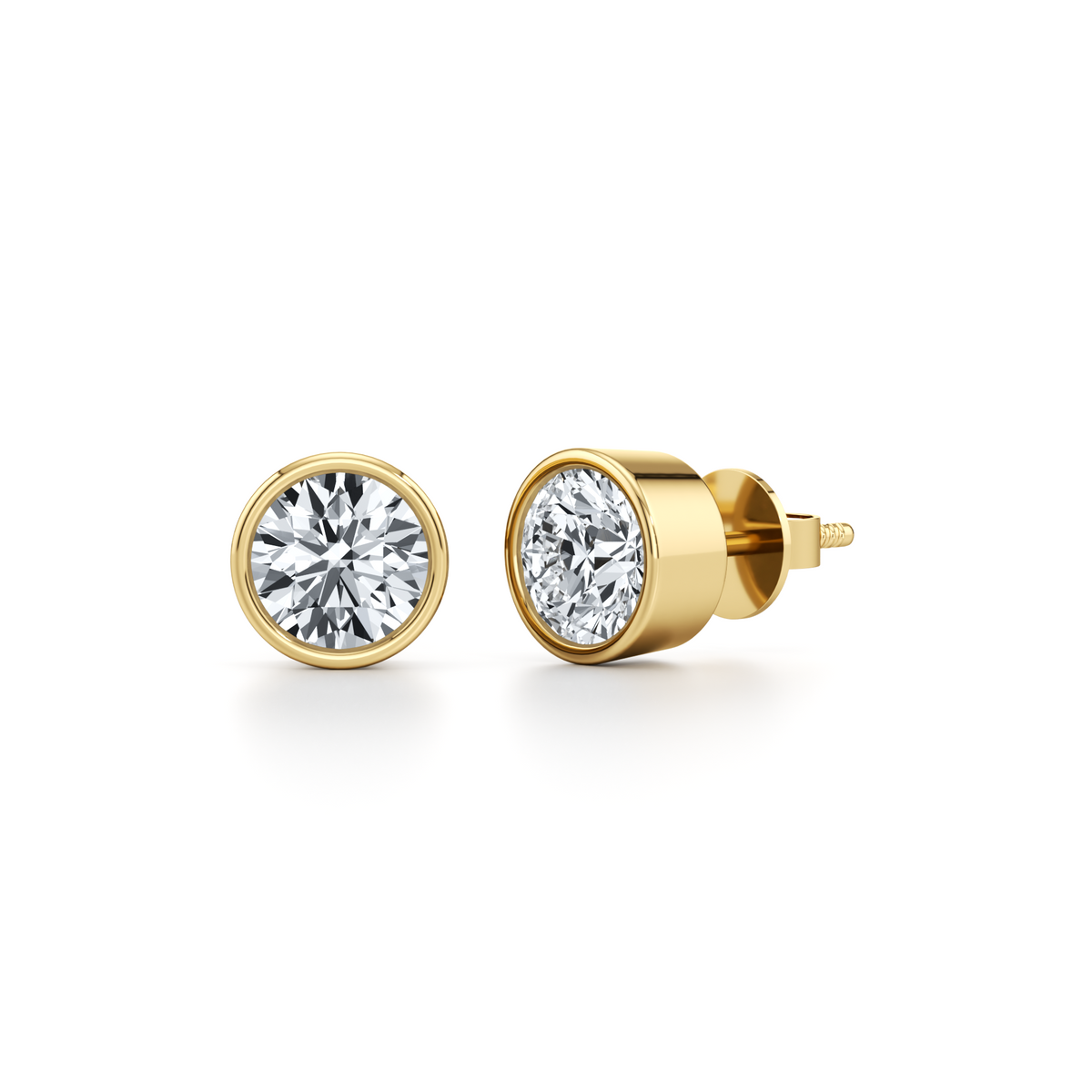 Round lab grown diamond bezel set stud earrings in 14K gold