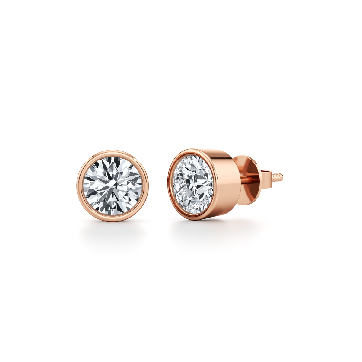 VVS2 D colour round lab grown diamond bezel studs in 14K gold
