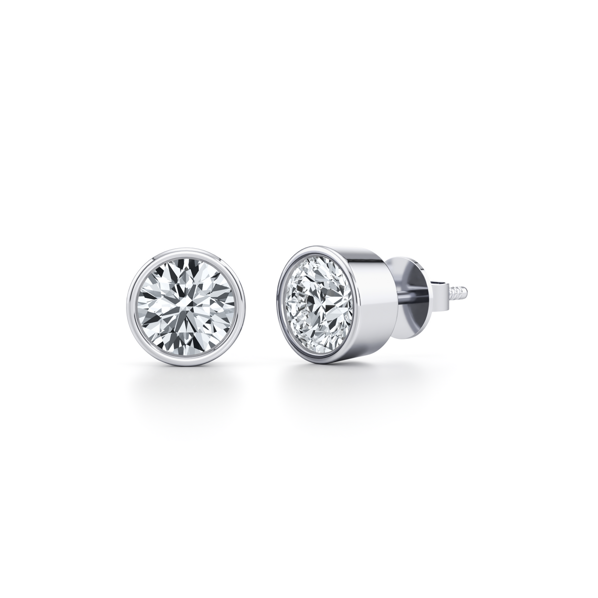 Bezel set lab grown diamond stud earrings with screw backs in 14K gold