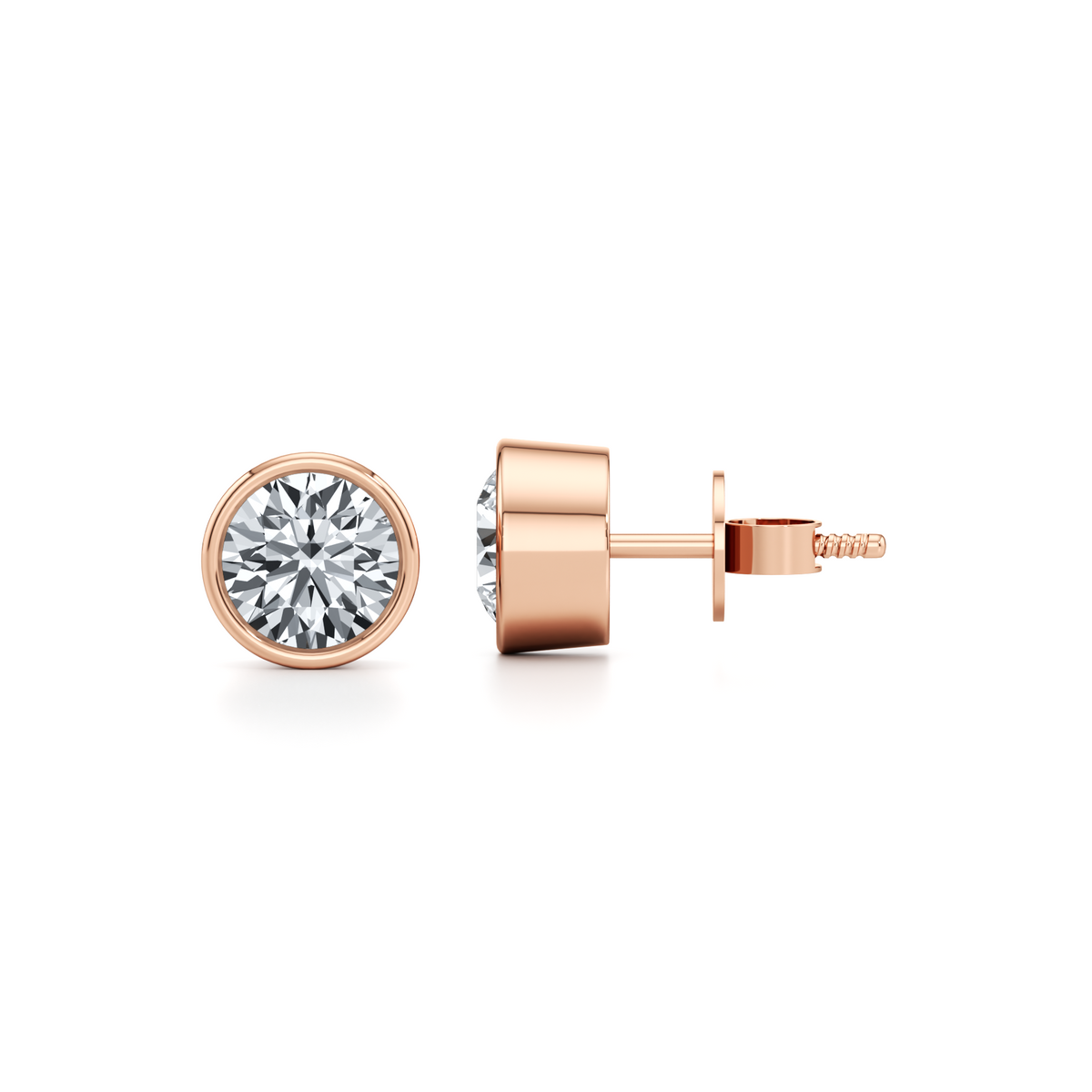 Modern bezel set round lab grown diamond earrings in 14K gold