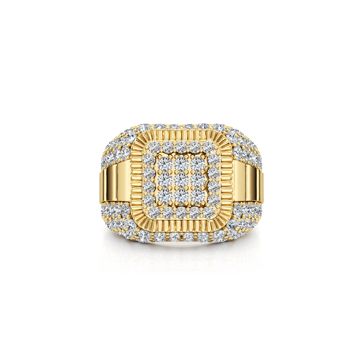 Men's signet ring set with 3 carat round natural diamonds in 10K yellow gold