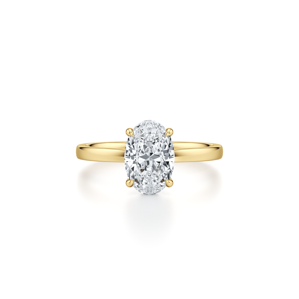 2.02 carat oval lab grown diamond solitaire engagement ring with hidden halo in 14K yellow gold