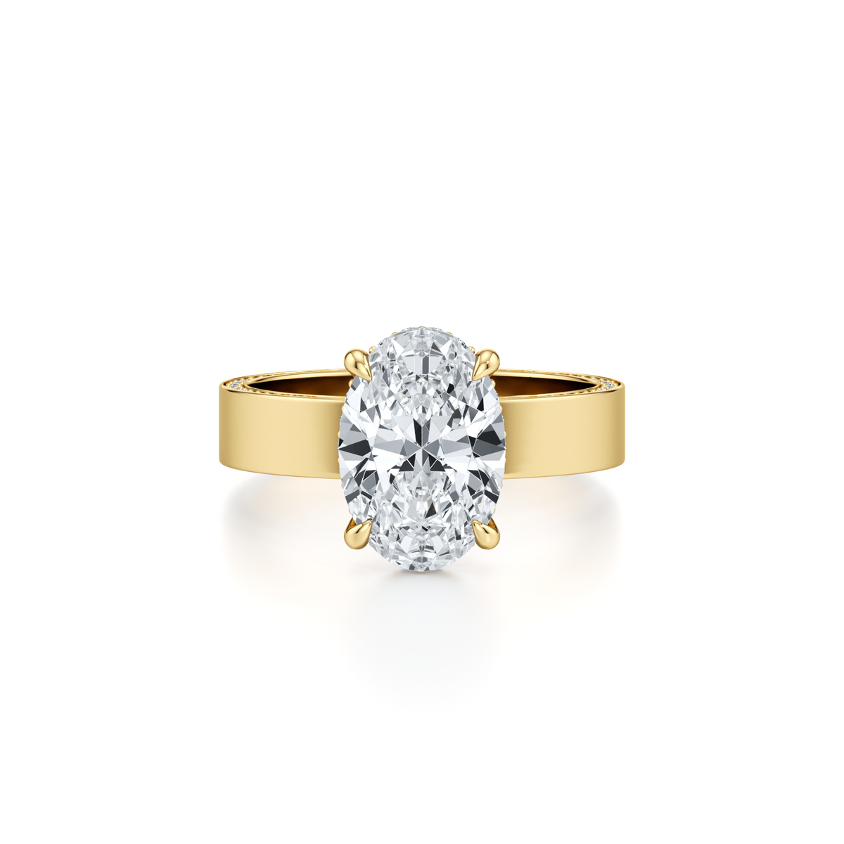 3.02 carat oval lab grown diamond halo engagement ring with 4mm diamond cigar band in 14K yellow gold