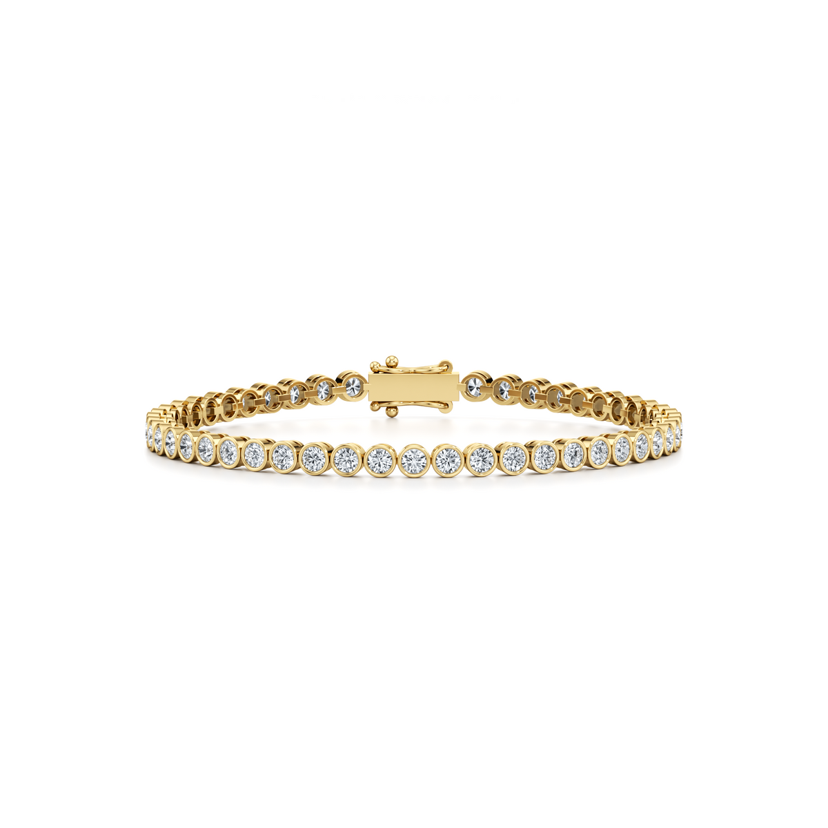4 carat round lab grown diamond bezel set tennis bracelet in 14K yellow gold