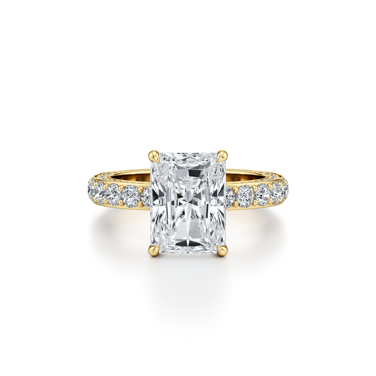 4.03 carat radiant cut lab grown diamond engagement ring with 3 row pavé and hidden halo in 14K yellow gold