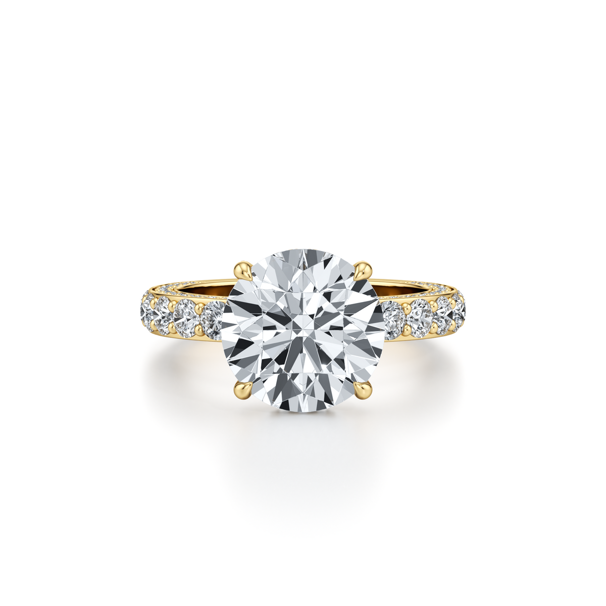 5.06 carat round lab grown diamond engagement ring with 3 row pavé and hidden halo in 14K yellow gold