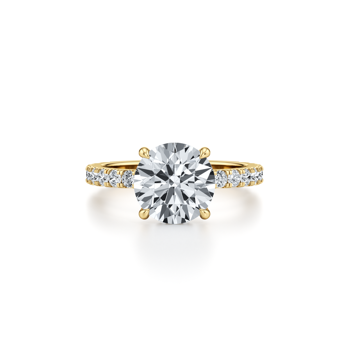 3.09 carat round lab grown diamond engagement ring with pavé band and hidden halo in 14K yellow gold