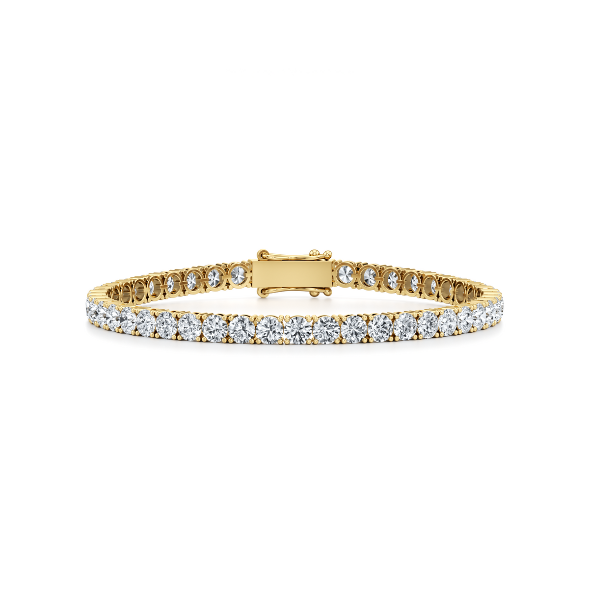 14 carat round lab grown diamond tennis bracelet with four prong setting in 14K yellow gold