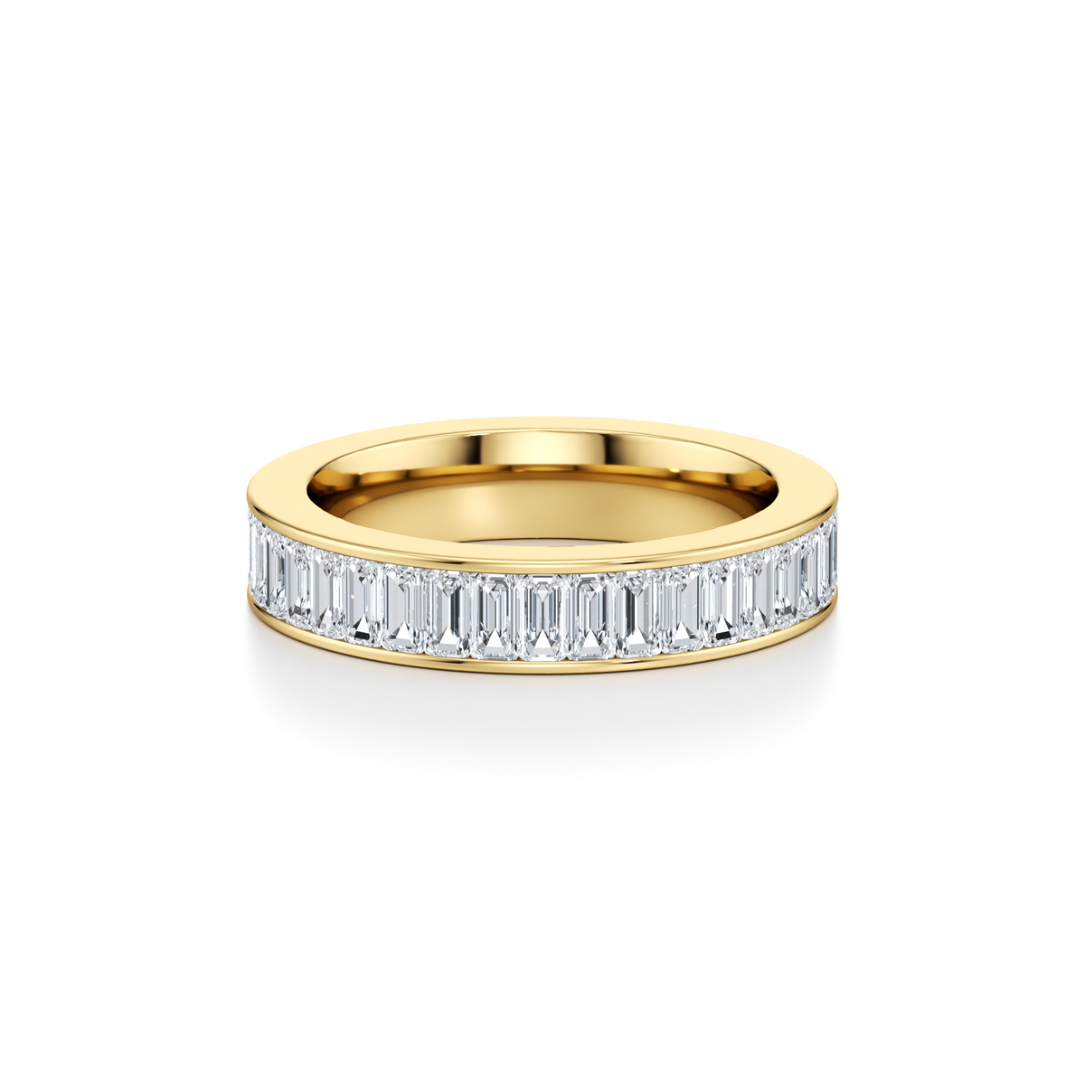 3 carat emerald cut lab grown diamond channel set full eternity ring in 14K yellow gold