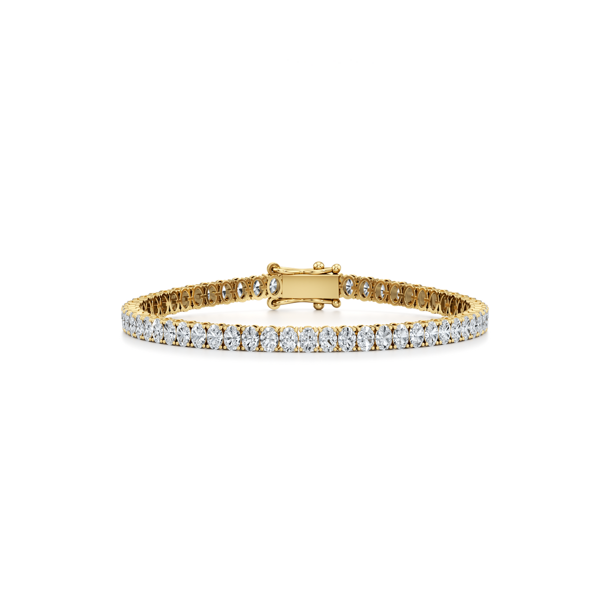 6 carat oval lab grown diamond tennis bracelet with four prong setting in 14K yellow gold