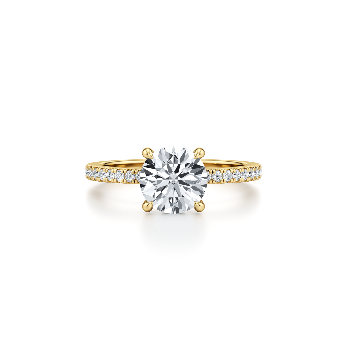 1.54 carat round lab grown diamond engagement ring with pavé band and hidden halo in 14K yellow gold
