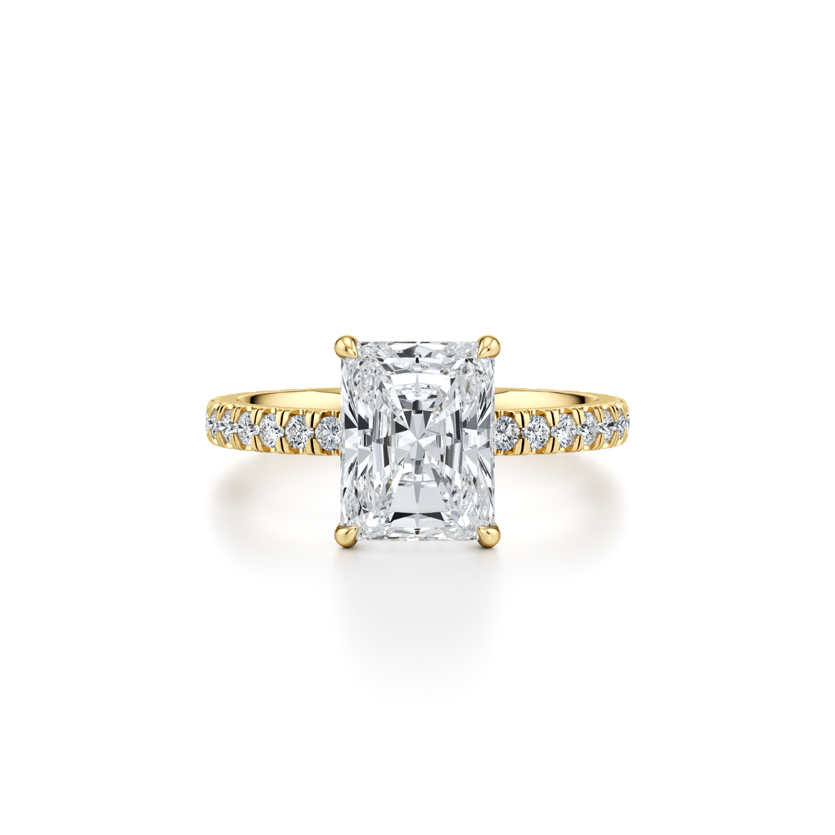 3.25 carat radiant cut lab grown diamond engagement ring with pavé band and hidden halo in 14K yellow gold