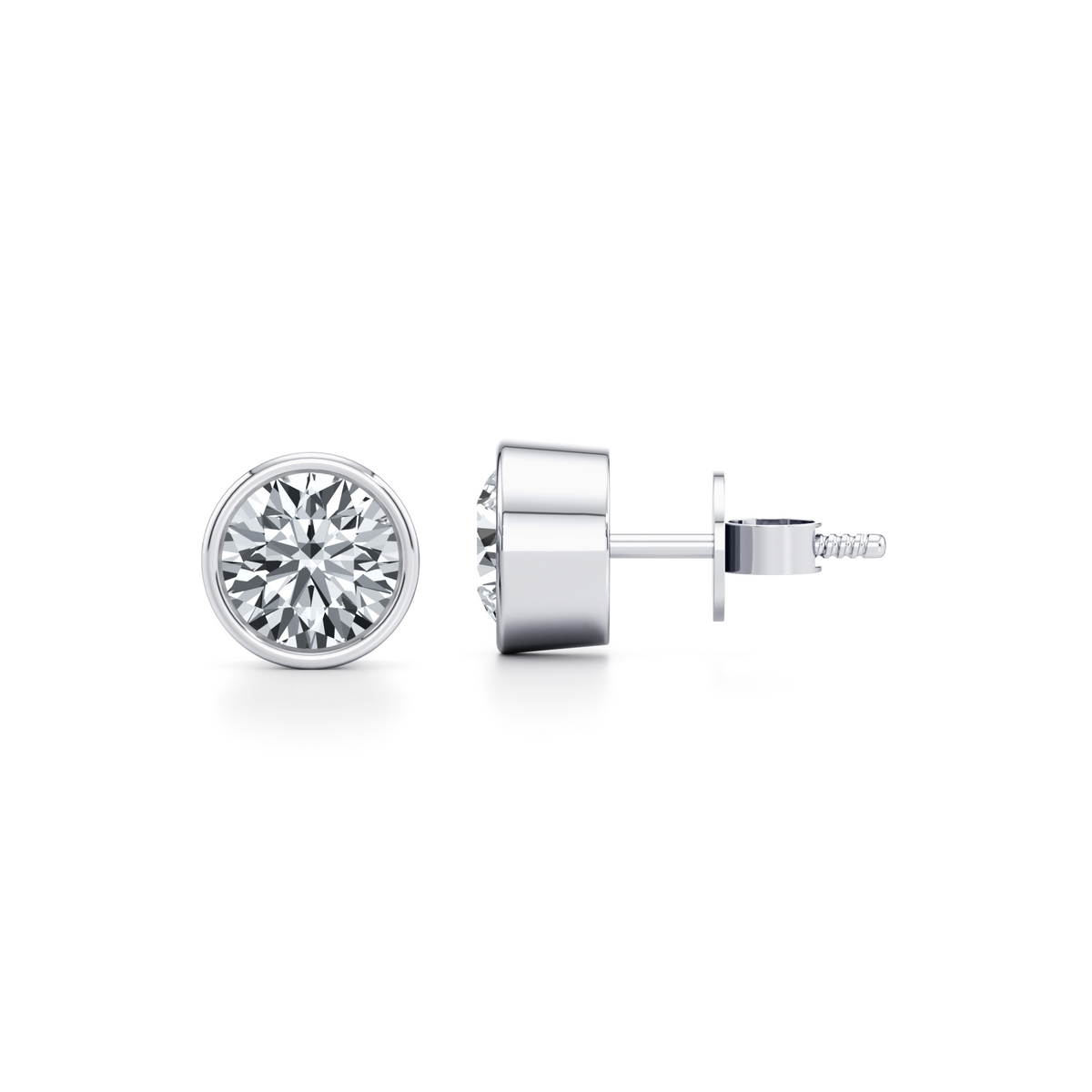 Round brilliant lab grown diamond studs with a full bezel setting in 14K gold