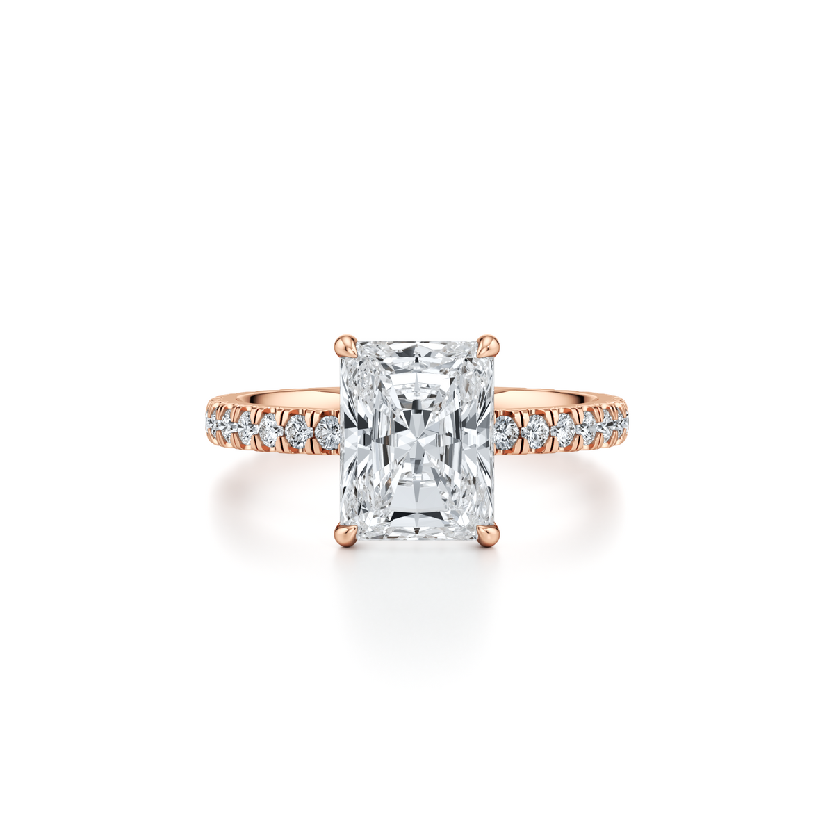3.25 carat radiant cut lab grown diamond engagement ring with pavé band and hidden halo in 14K rose gold