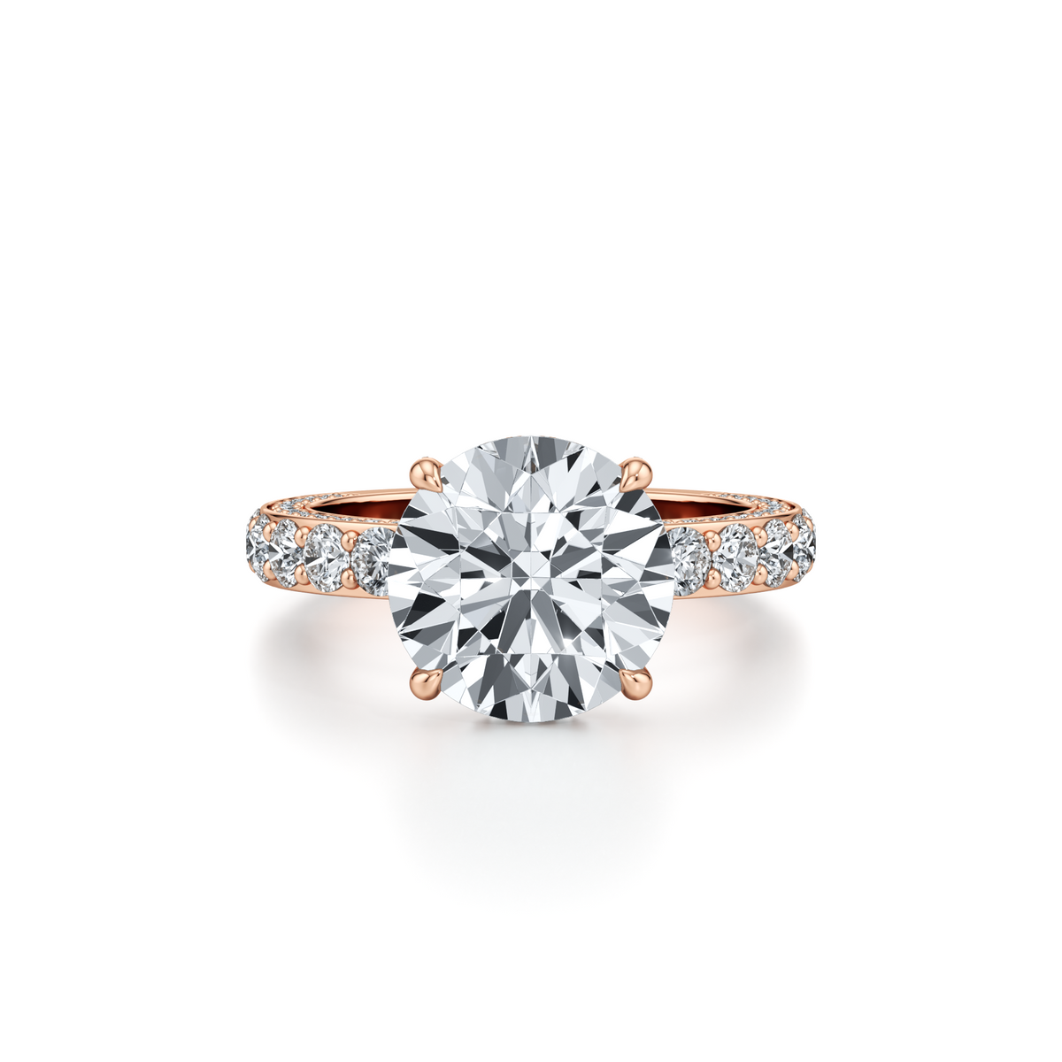 5.06 carat round lab grown diamond engagement ring with 3 row pavé and hidden halo in 14K rose gold
