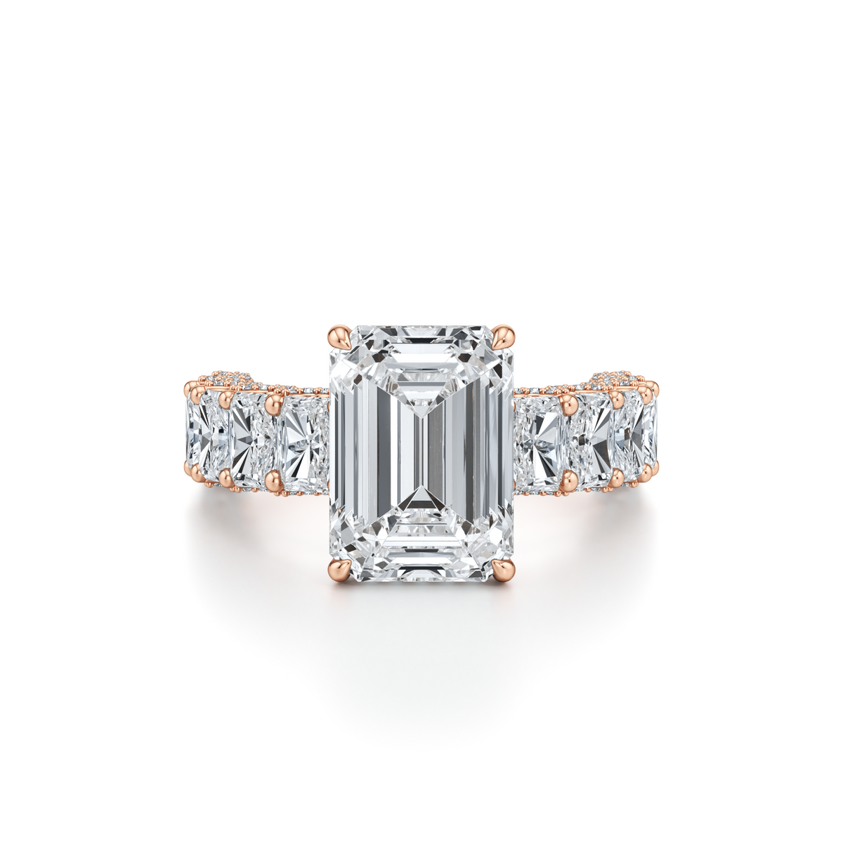 6.31 carat emerald cut lab grown diamond engagement ring with U-shank pavé in 14K rose gold