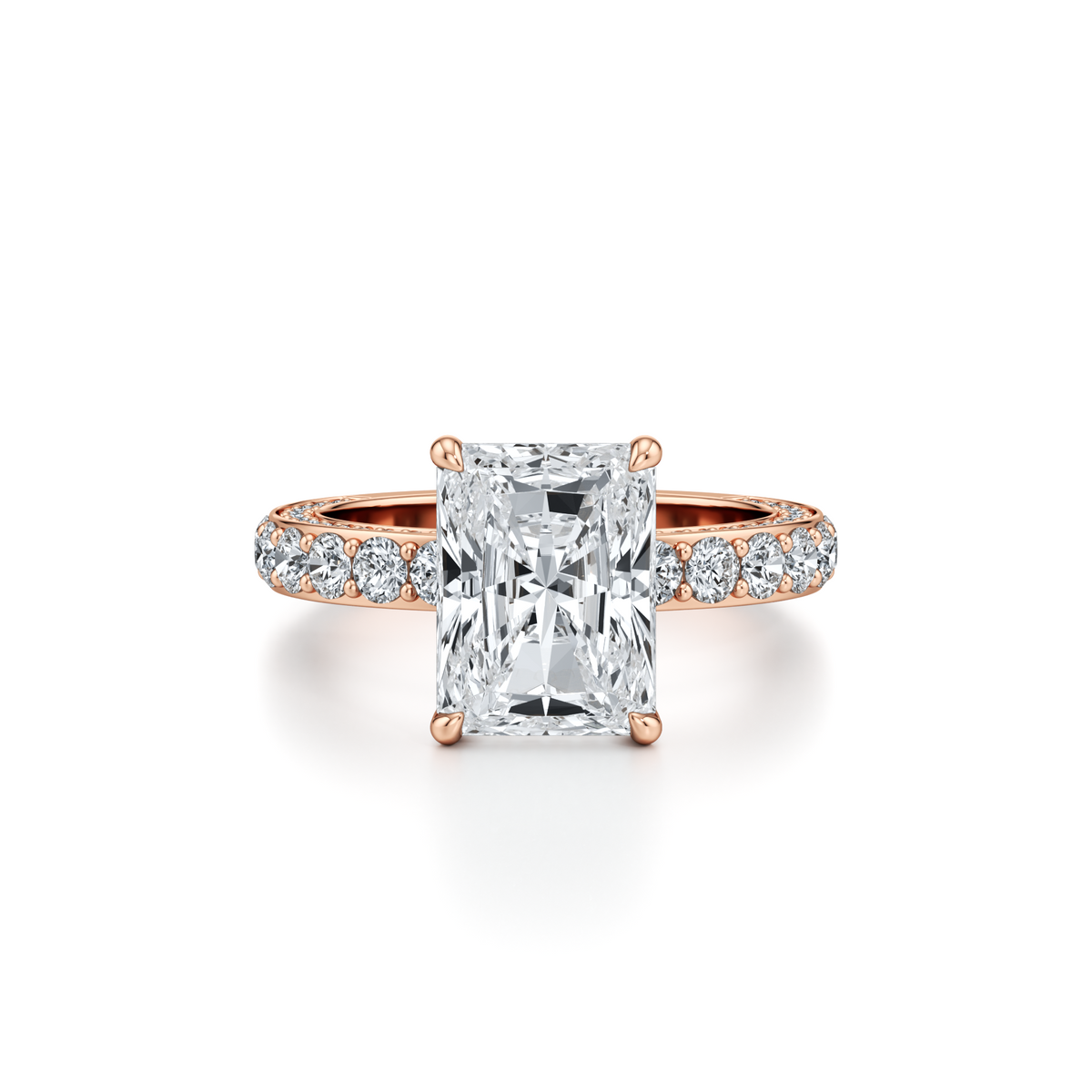 4.03 carat radiant cut lab grown diamond engagement ring with 3 row pavé and hidden halo in 14K rose gold