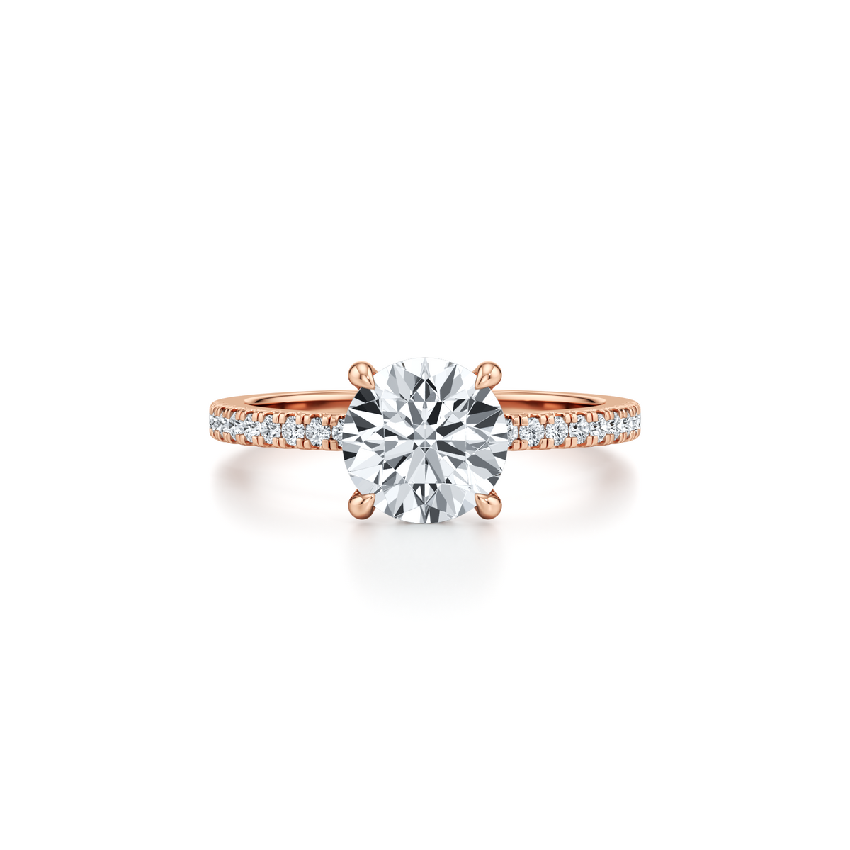 1.54 carat round lab grown diamond engagement ring with pavé band and hidden halo in 14K rose gold